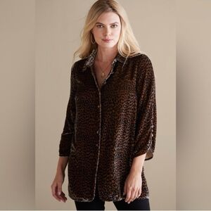 Soft Surroundings Leopard Silk Blend Velvet Shirt 3/4 Sleeve Button Size Large